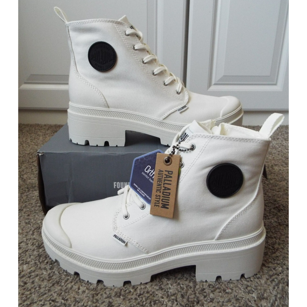 PALLADIUM Boots Womens 10 White Twill High Top Ortholite Goth Grunge Outdoor NEW